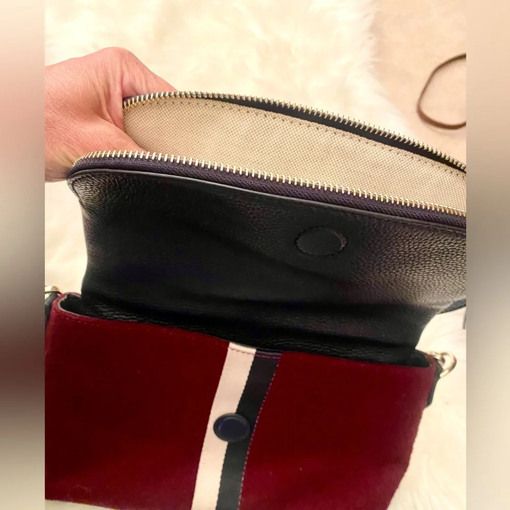 Kate Spade New York Wool & Leather Crossbody Bag Burgundy Navy Stripe Flap Purse